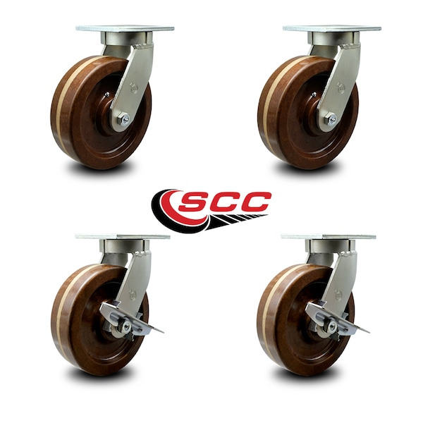 8 Inch Heavy Duty High Temp Phenolic Swivel Caster Set with 2 Brakes, 4PK